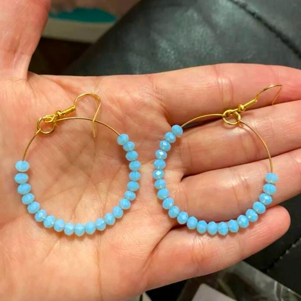 5/$25 NWT Boutique Blue Rondelle Crystal Bead Gold Hoop Earrings Gemstone Beaded
